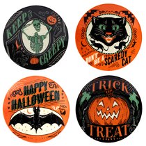 X4 Eli high quality + Ana Ceramic Jack o Lantern Pumpkin and Bat Halloween Dinner Plate Set